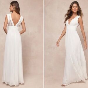 LULU's Elegant Wedding Bridal Shower Engagement Lacy Flowy Chiffon Maxi Gown